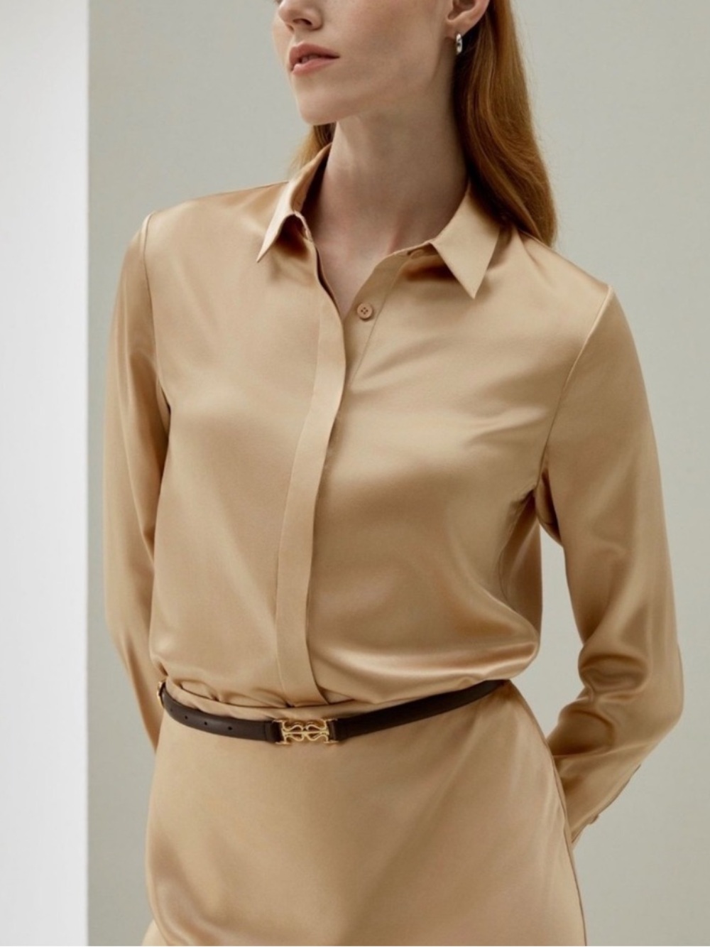 Lilysilk 100% Mulberry Silk Silhouette Button Down Shirt Blouse Size Small S Tan